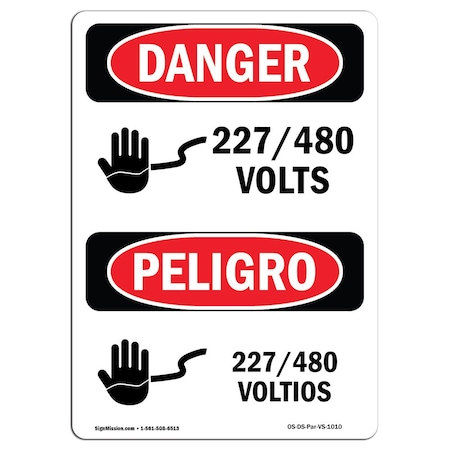 Signmission Safety Sign, OSHA Danger, 5" Height, 277 480 Voltios Bilingual Spanish, 10PK OS-DS-D-35-VS-1010-10PK